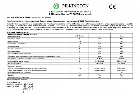 Declaration of performance: Pilkington Suncool 66/33