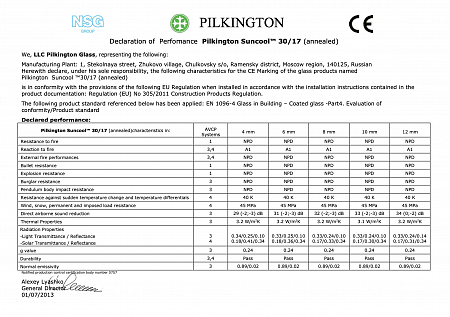 Declaration of performance: Pilkington Suncool 30/17
