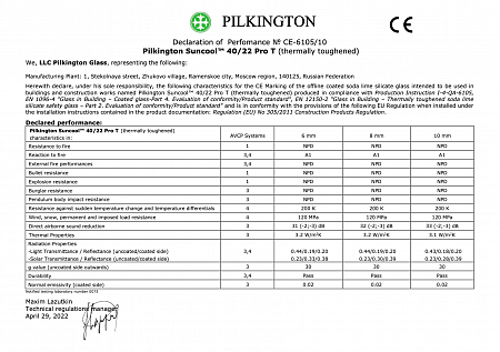 Declaration of performance: Pilkington Suncool 40/22 Pro T