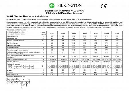 Declaration of performance: Pilkington Optifloat Clear